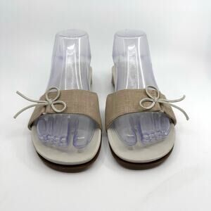 Etienne Aigner Linen Slide Sandals Ribbon Leather Trim Beige Womens Size 8.5M